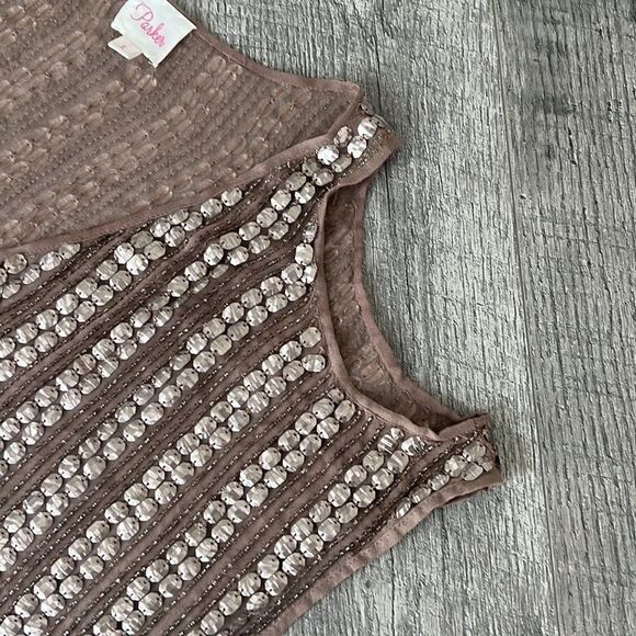 Parker 100% silk embroidered brown cut off top blouse outgoing Sz S - Picture 10 of 10